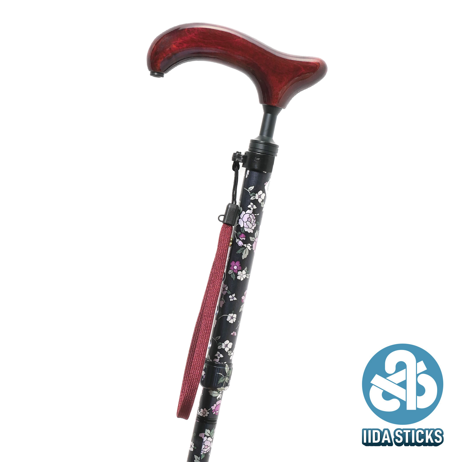 【IIDA STICKS 折りたたみステッキ】 アルミスリムネック花柄折りたたみ〈黒〉IK-04-BK