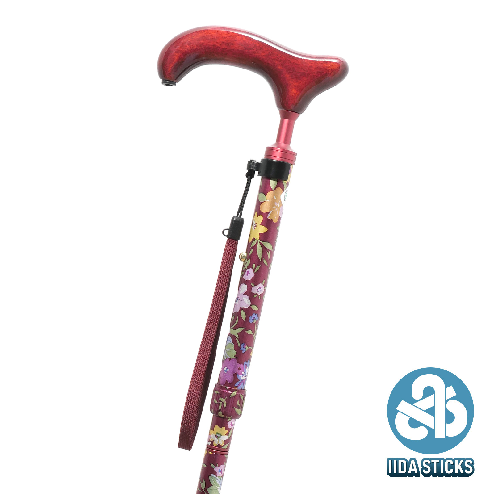【IIDA STICKS 折りたたみステッキ】 アルミスリムネック花柄折りたたみ〈赤〉IK-04-RE
